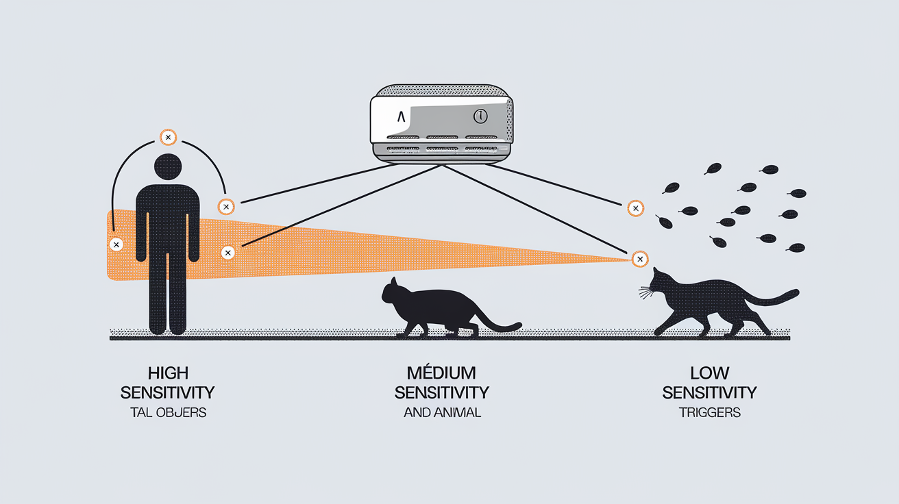 Schéma illustrant différents scénarios de détection avec un détecteur de mouvement, mettant en évidence l'impact de la sensibilité.