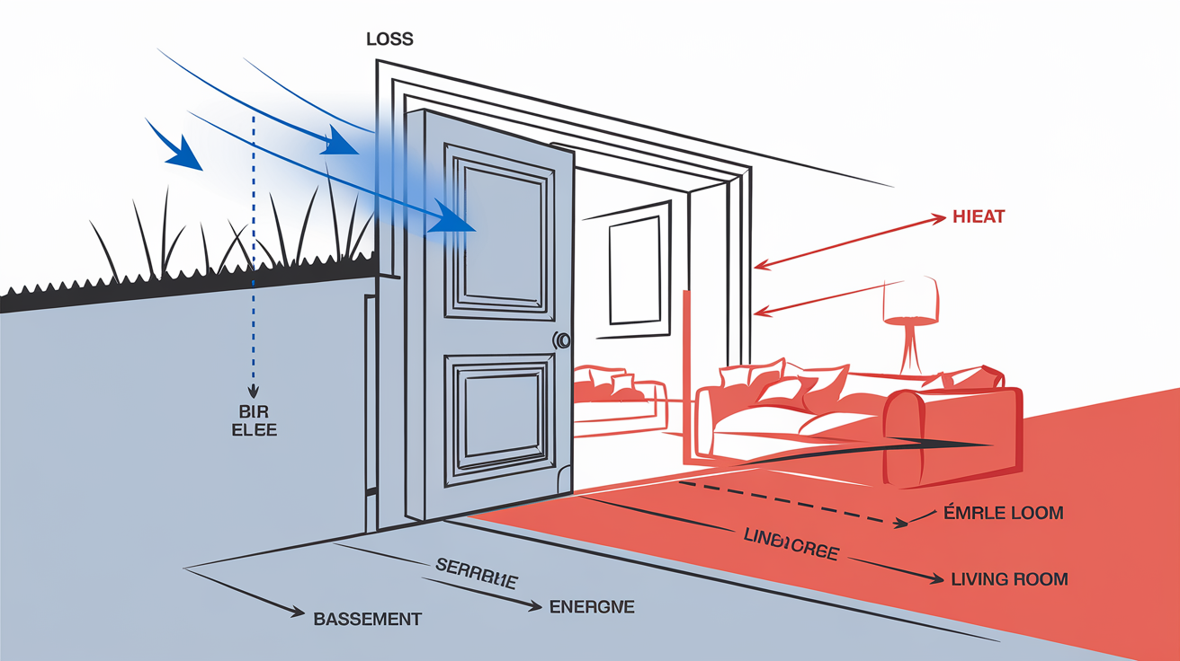 Illustration schématique du cheminement du froid via une porte de cave mal isolée