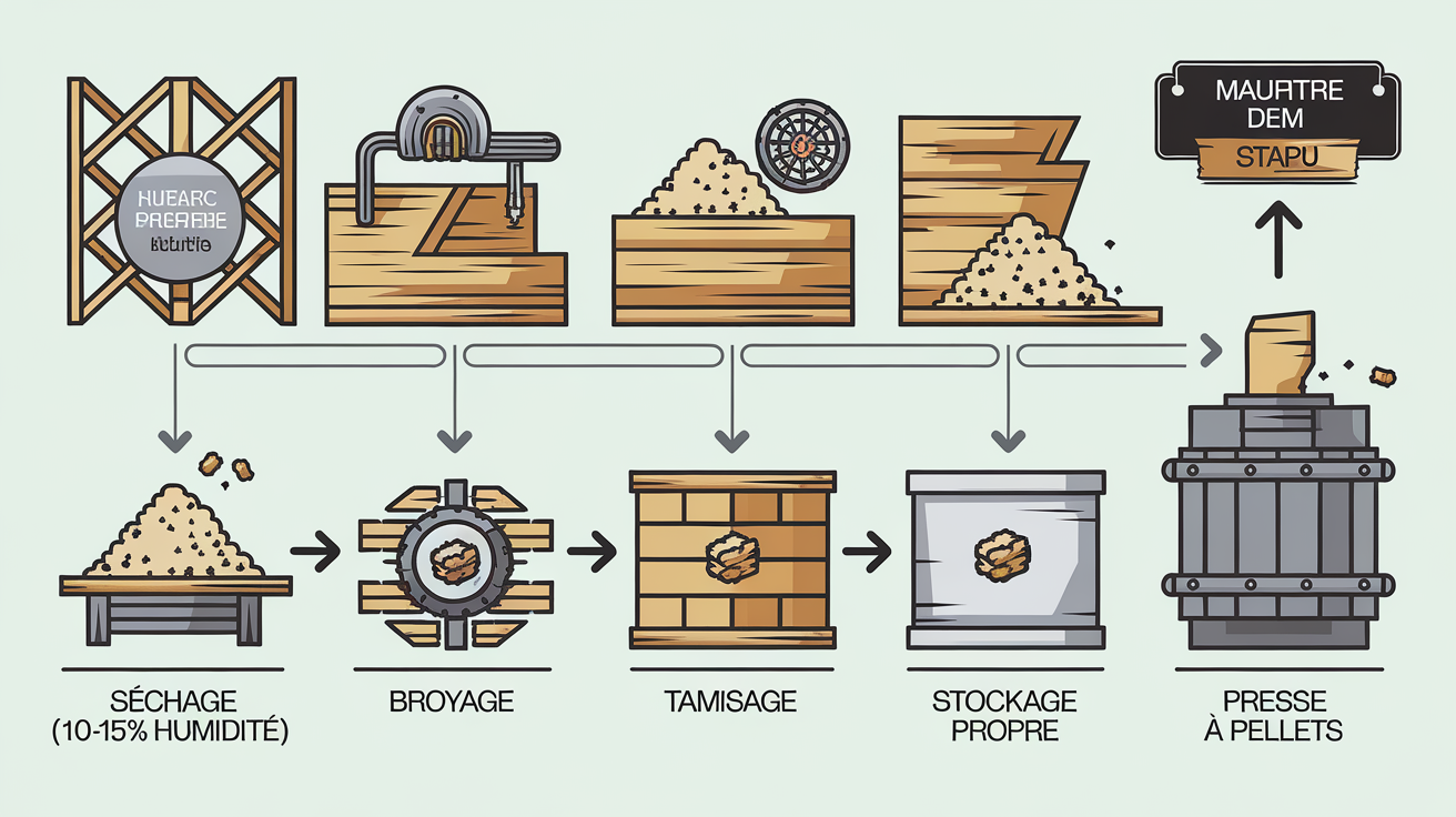 Schéma étapes préparation sciure pour pellets
