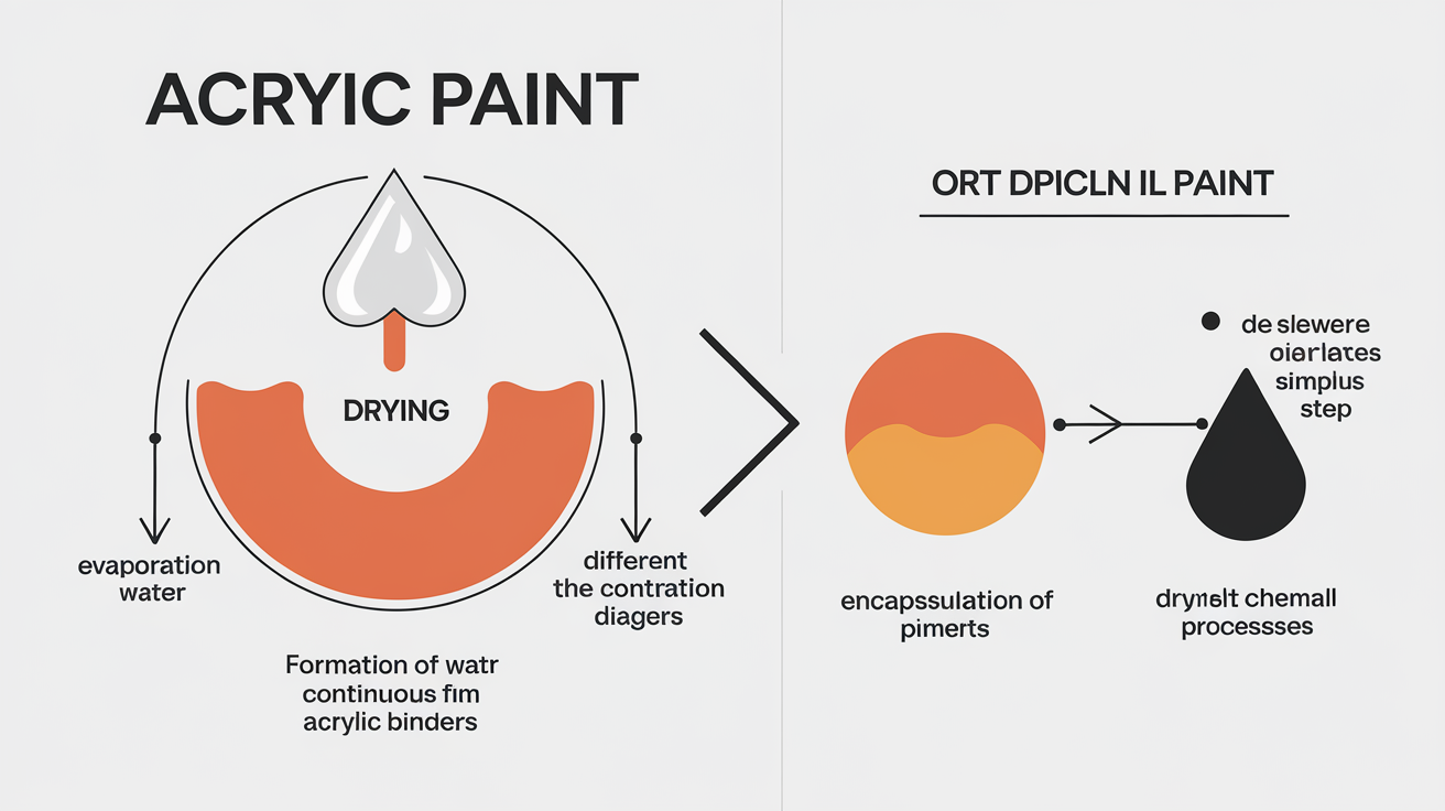 Schéma du séchage acrylique vs glycéro : évaporation de l'eau, formation du film par les liants.