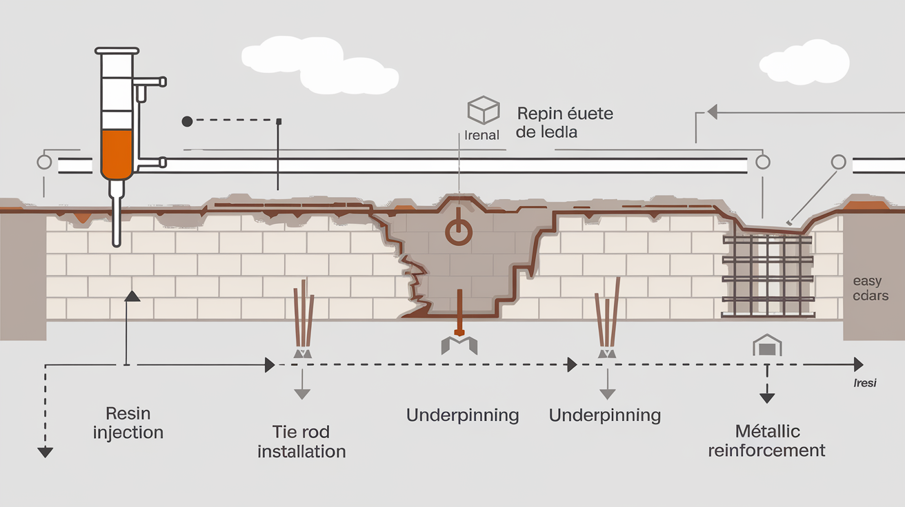 Schéma pédagogique montrant différentes techniques de réparation d’une fissure horizontale sur mur