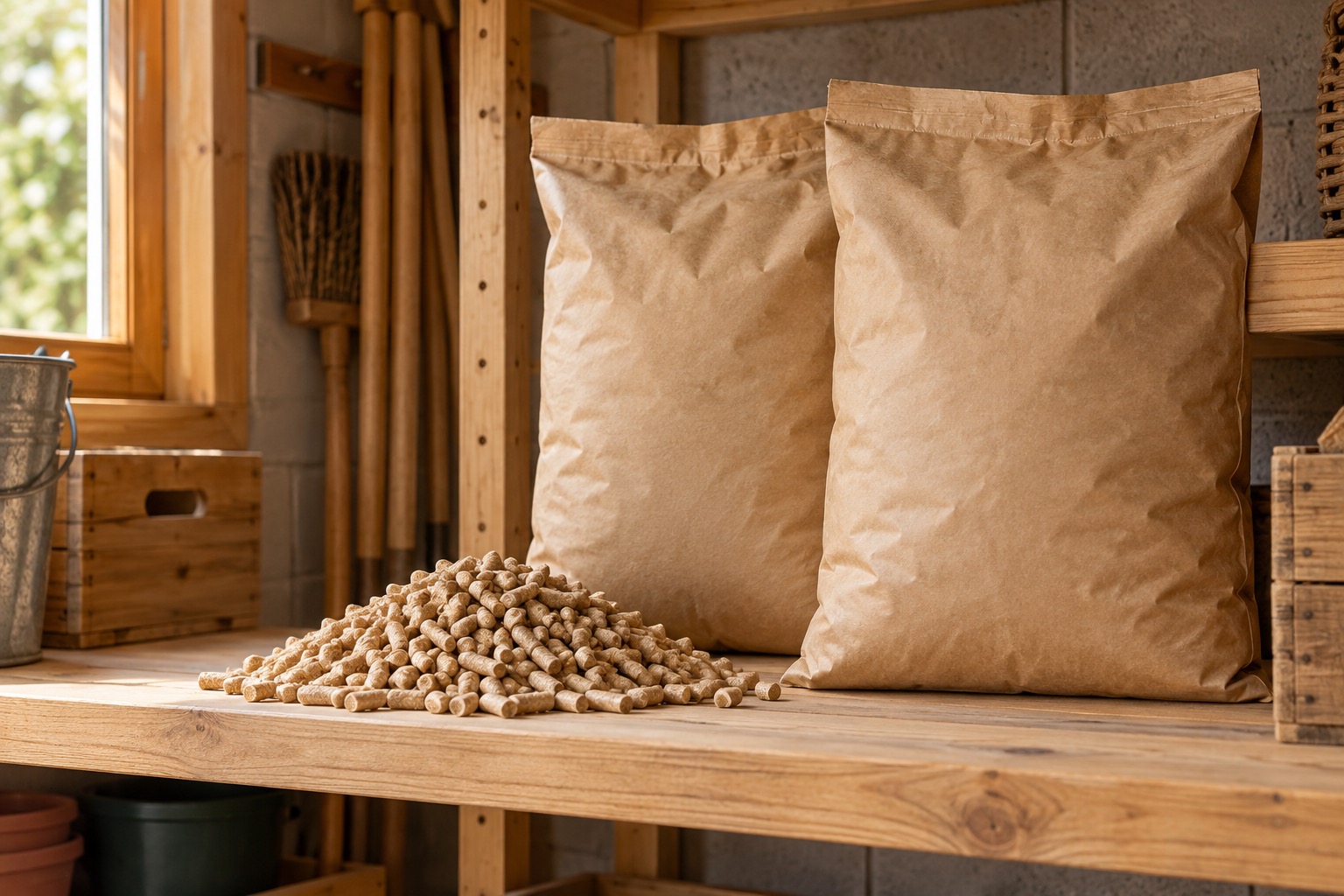 Illustration générée de granulés de bois et de sacs neutres