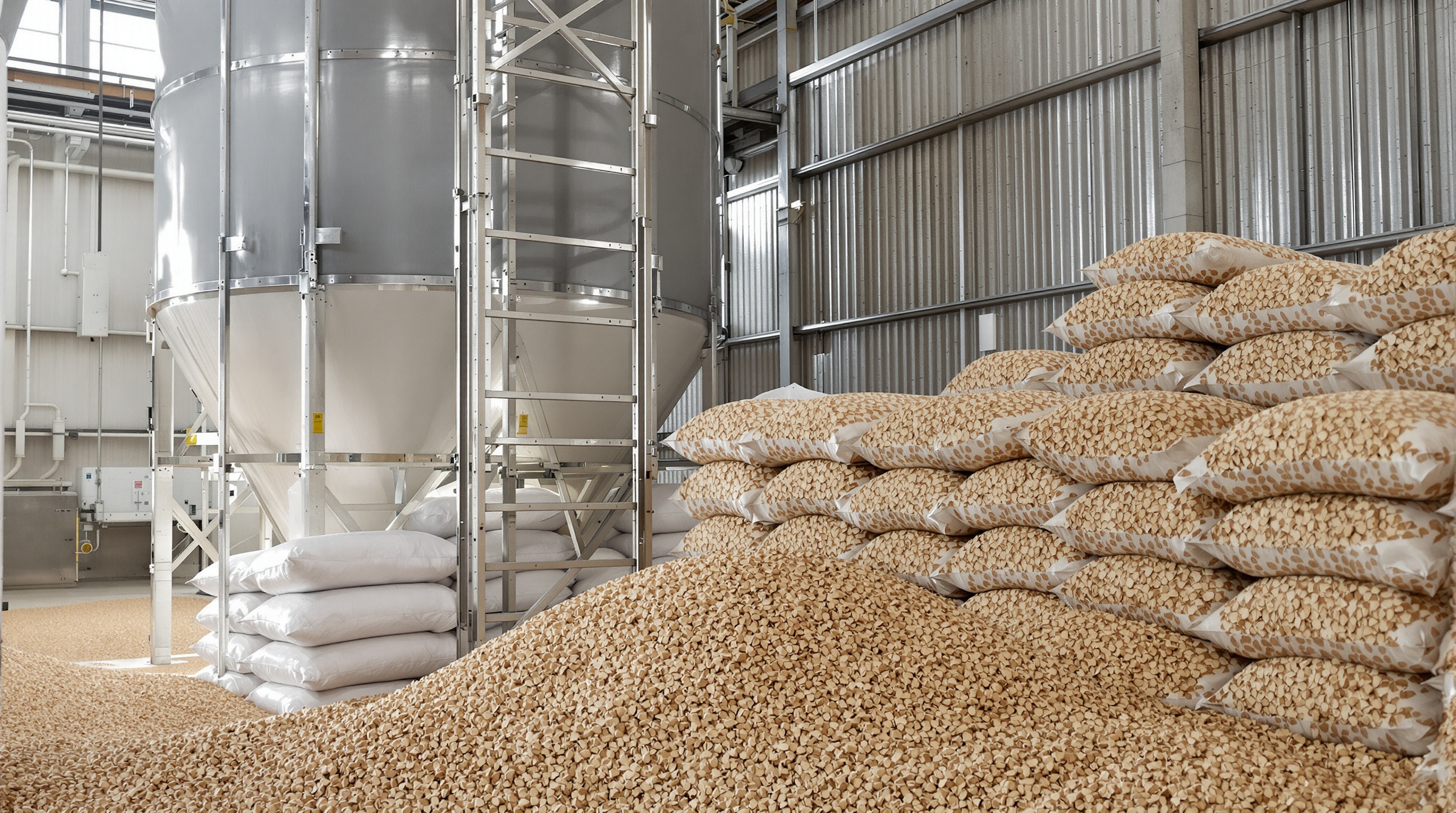 Stockage de pellets en silo propre à côté de sacs dans un garage technique