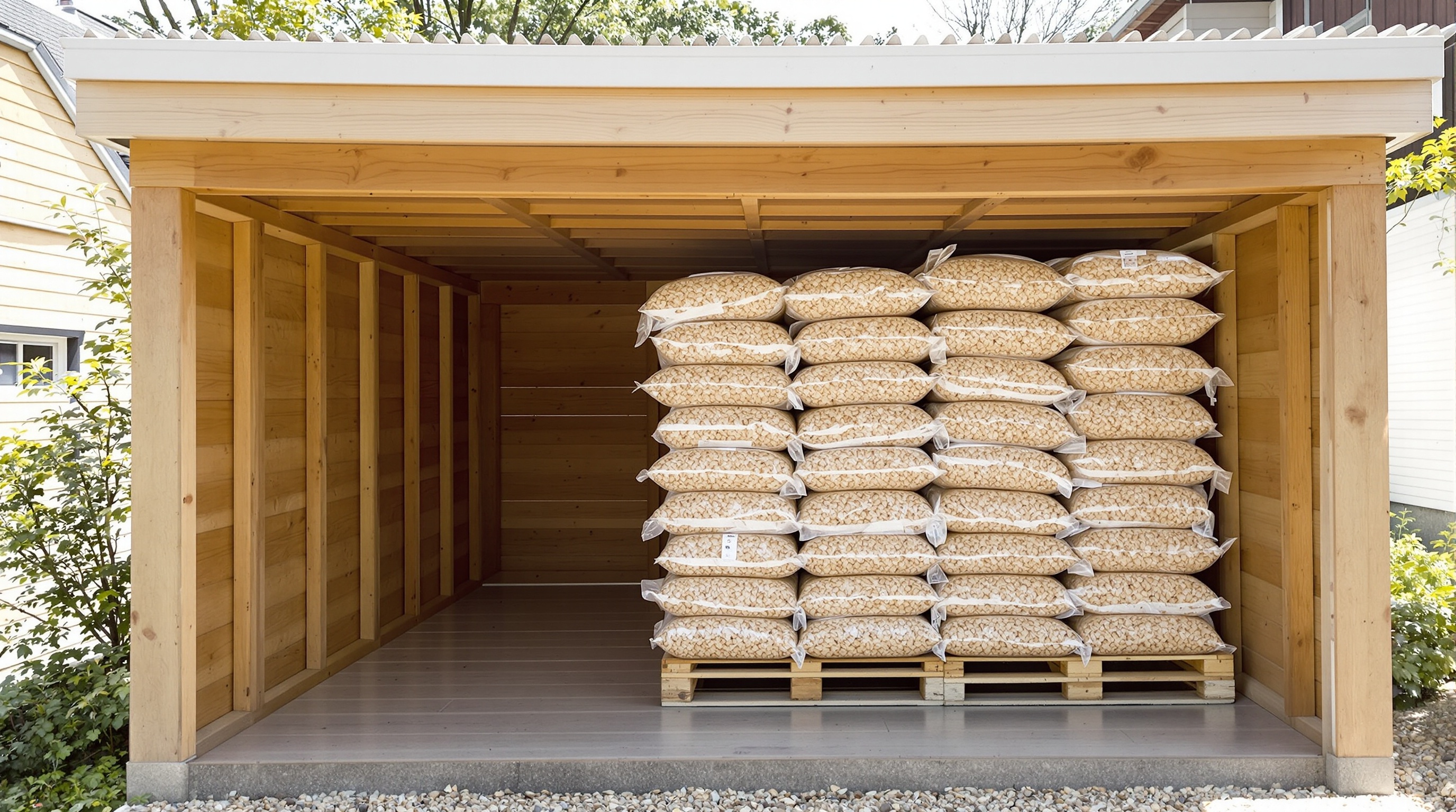 Stockage de pellets sur palette surélevée sous abri ventilé
