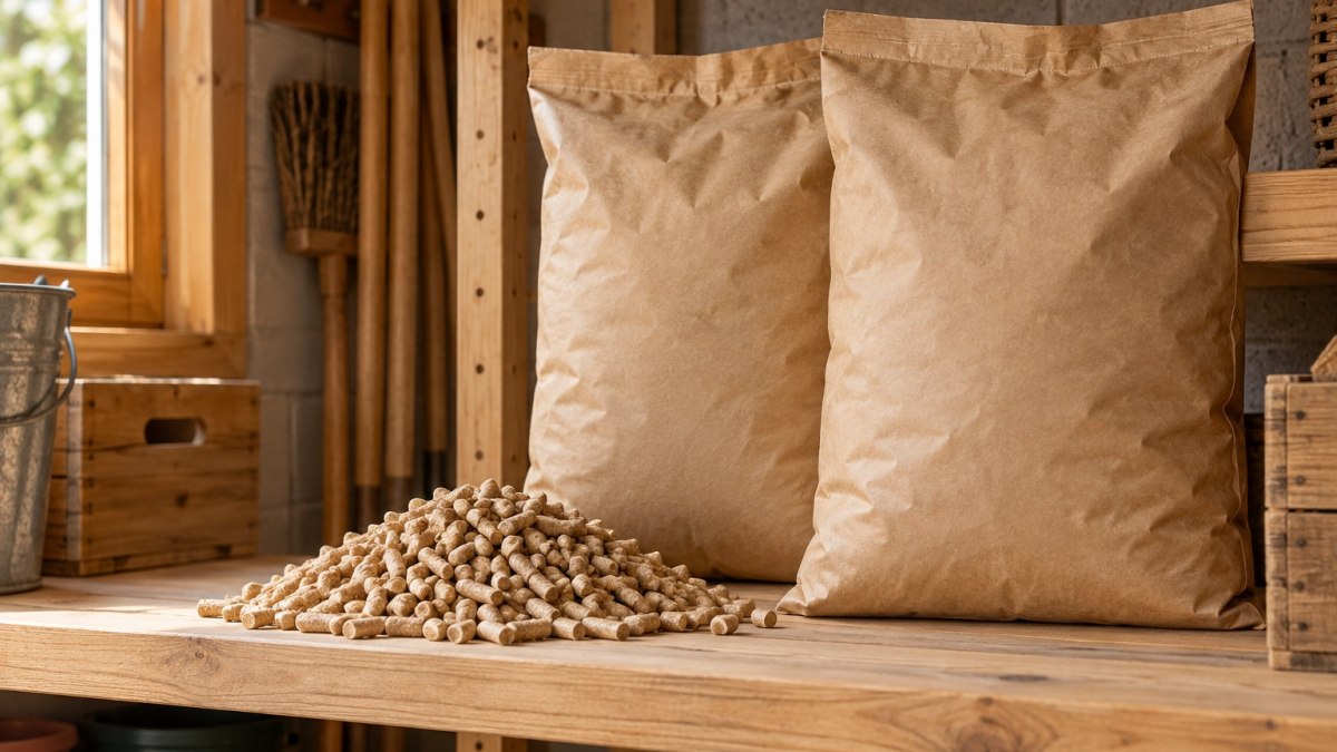 Illustration de granulés de bois ; aucune machine artisanale ni certification de ce lot n’est démontrée