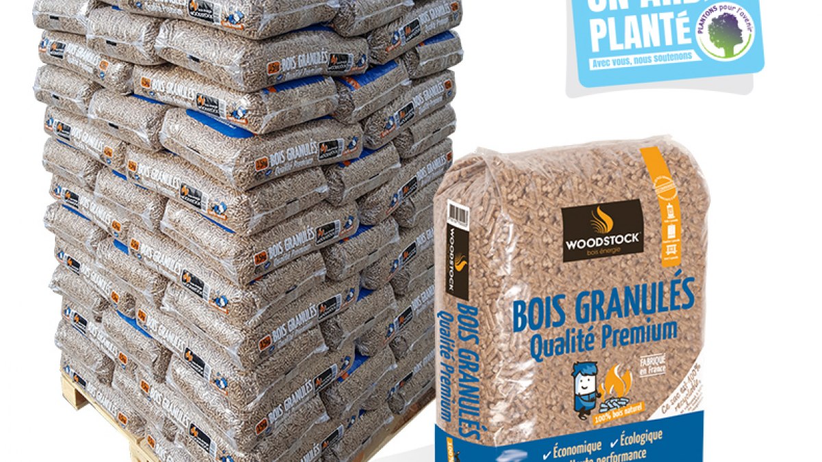 Visuel commercial Woodstock : palette et sac de granulés de bois de 15 kg, source fabricant