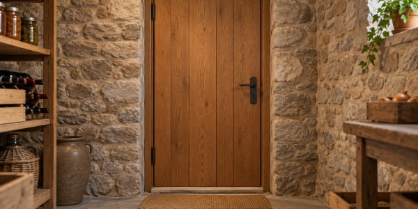 Illustration générée d’une porte de cave fermée, sans représentation d’un chantier réel