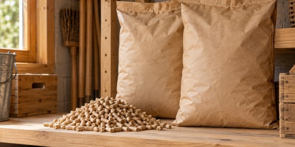 Illustration de granulés de bois ; aucune machine artisanale ni certification de ce lot n’est démontrée