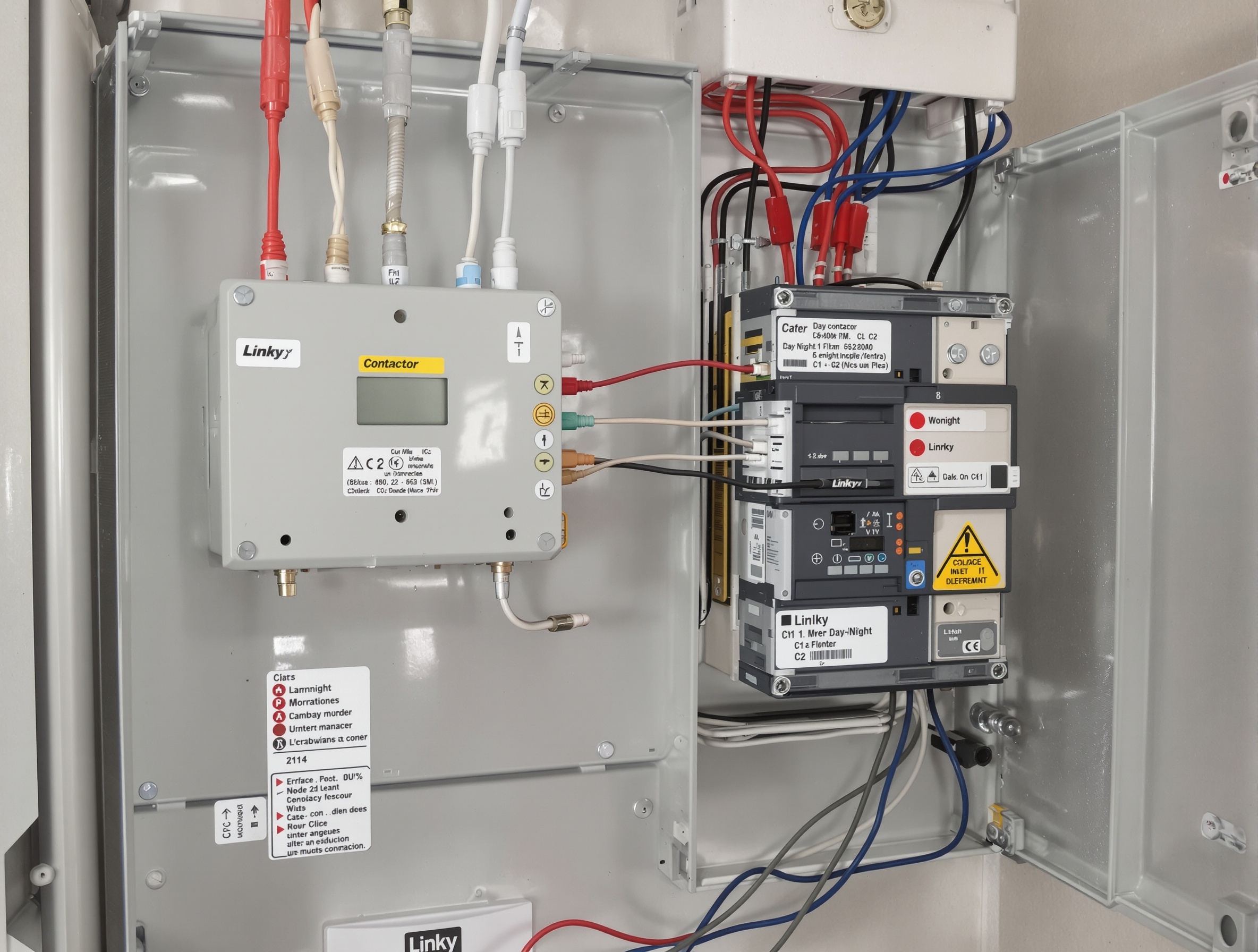 Vue d'ensemble d'un tableau électrique avec branchement d'un contacteur jour/nuit sur bornes C1/C2 Linky