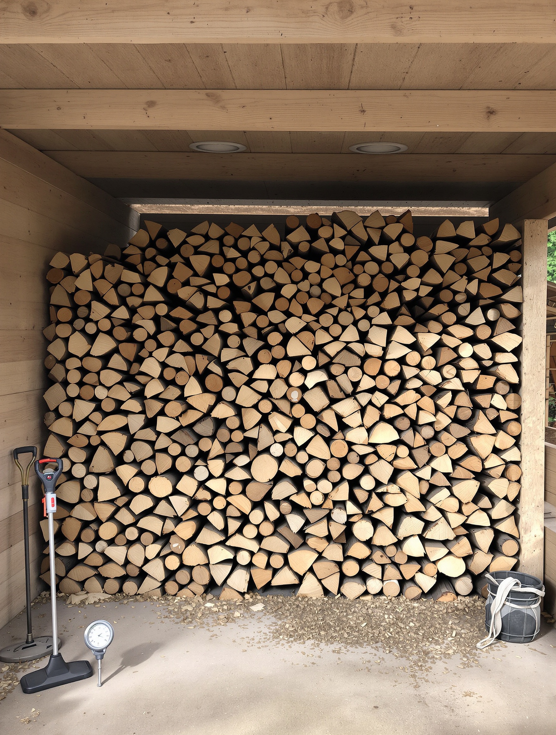 Tas de bois de chauffage bien stocké surélevé sous un abri ventilé, outils d'entretien visibles, ambiance de prévention.