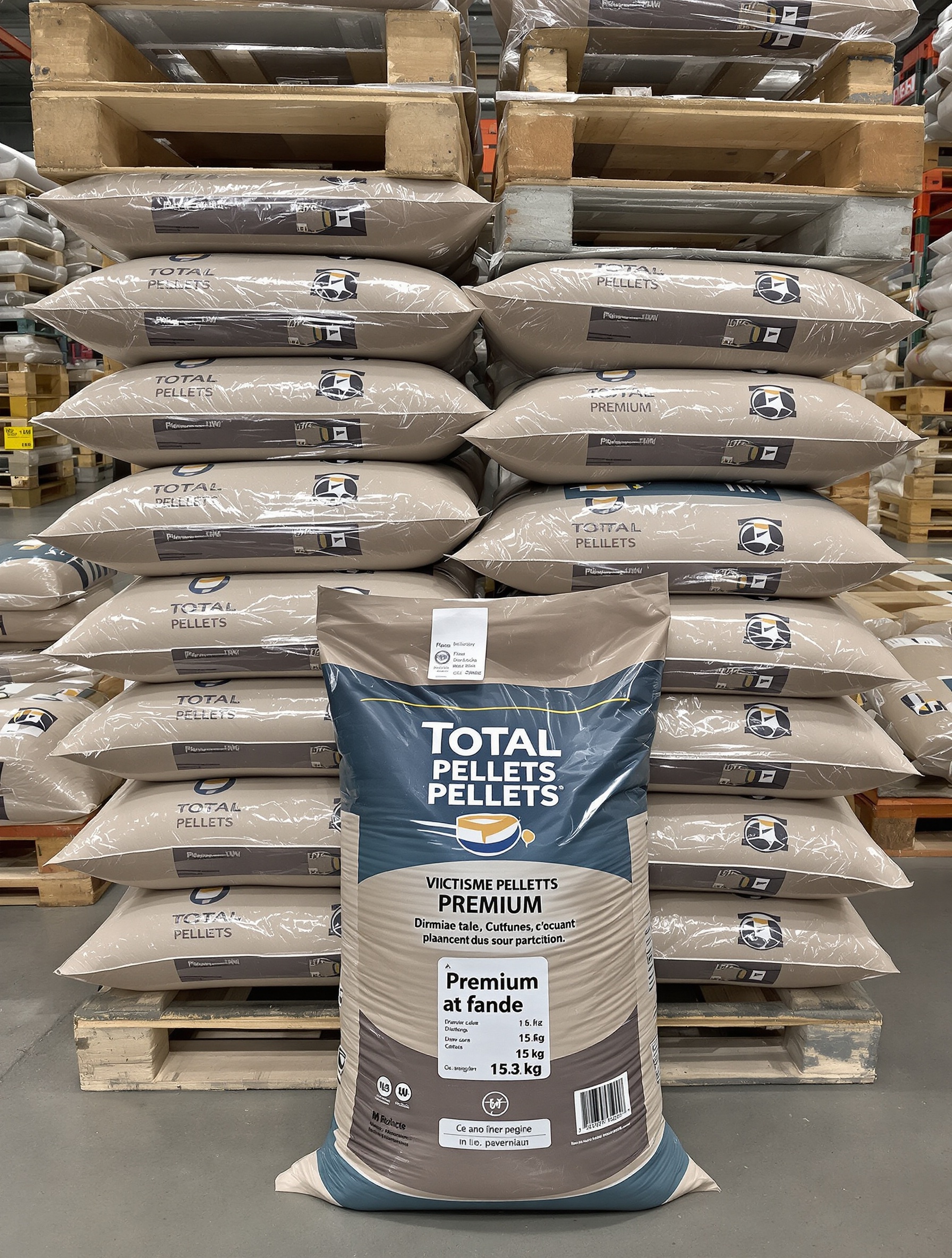 Sac de pellets Total Pellets Premium 15 kg en avant sur une palette