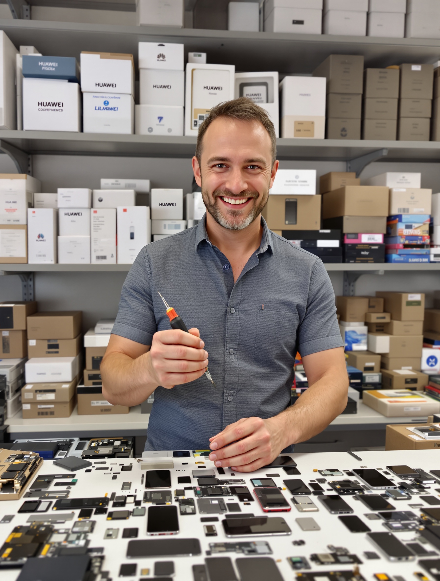 Technicien en atelier réparant un smartphone Huawei à Nice