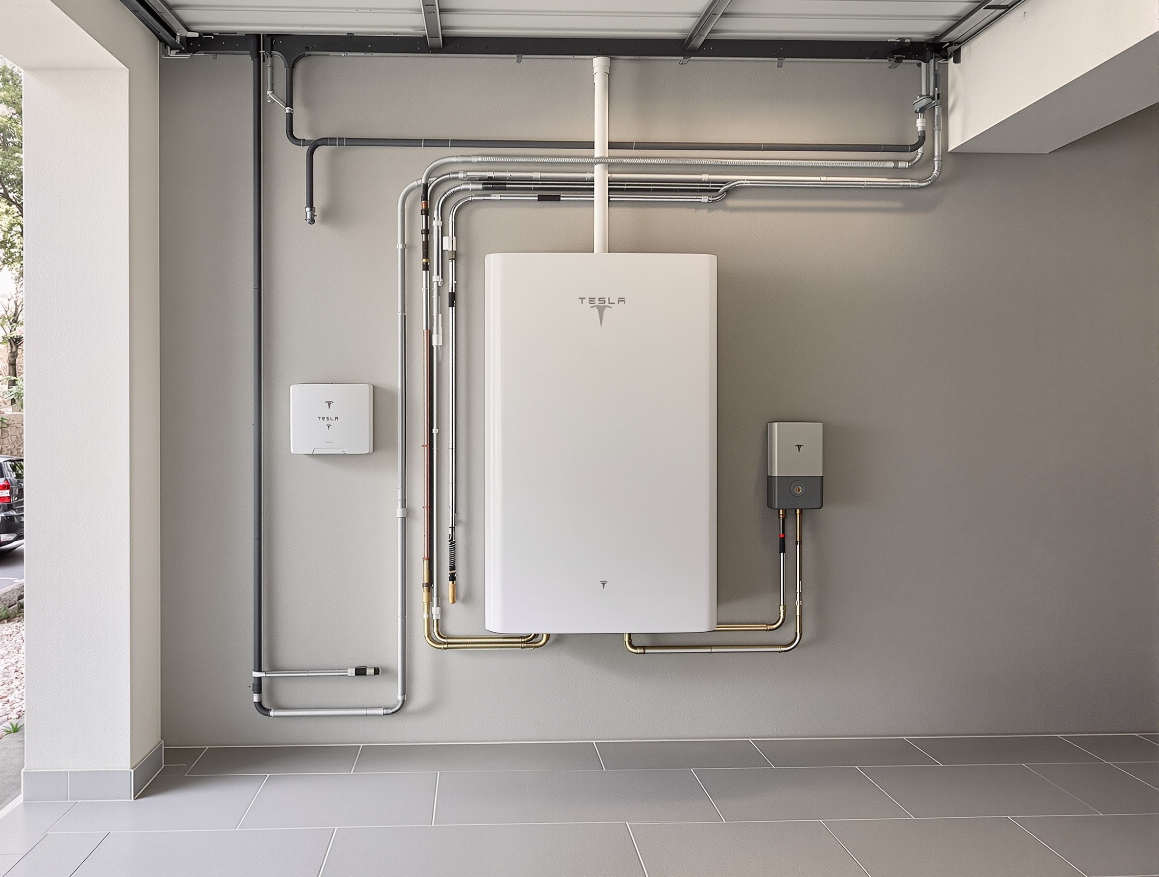 Tesla Powerwall 3 installée discrètement sous tableau électrique dans garage moderne français