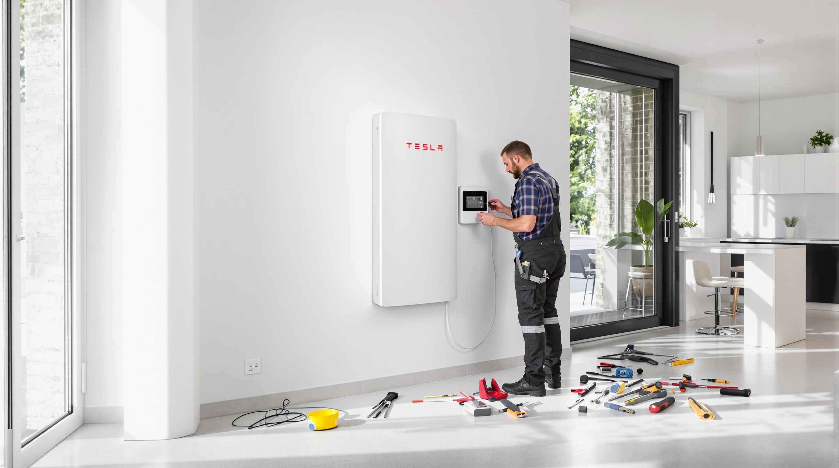 Installateur posant Tesla Powerwall 3 et Gateway maison France