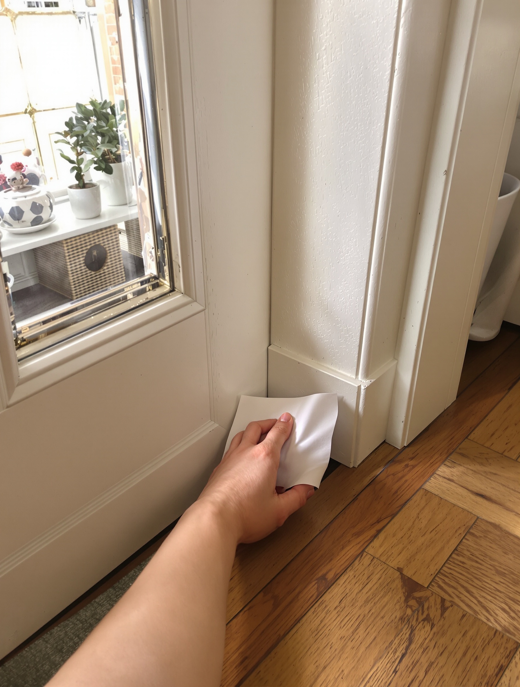 Vérification des courants d'air au bas de la porte avec une feuille de papier