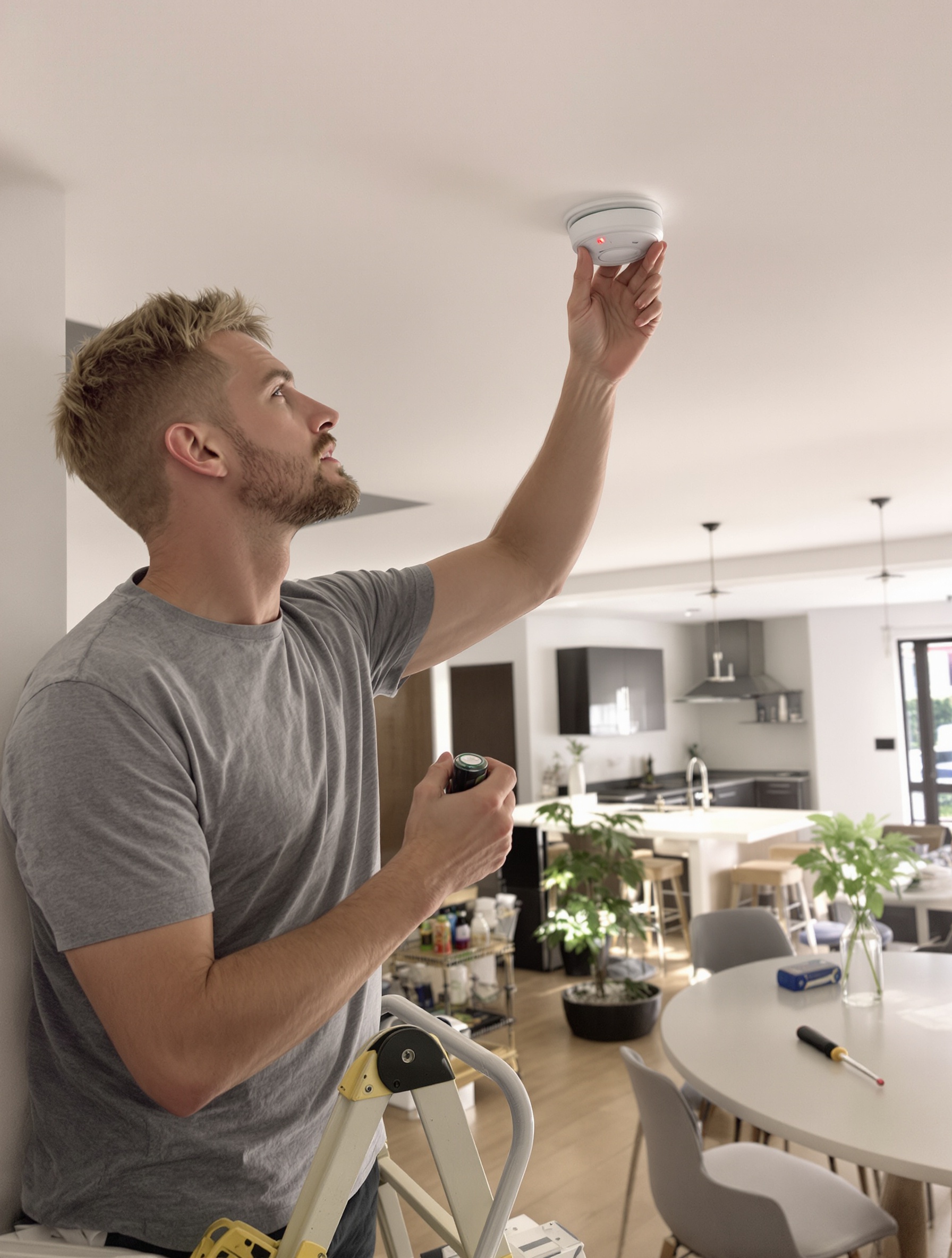 Réglage détecteur de fumée inspection LED escabeau